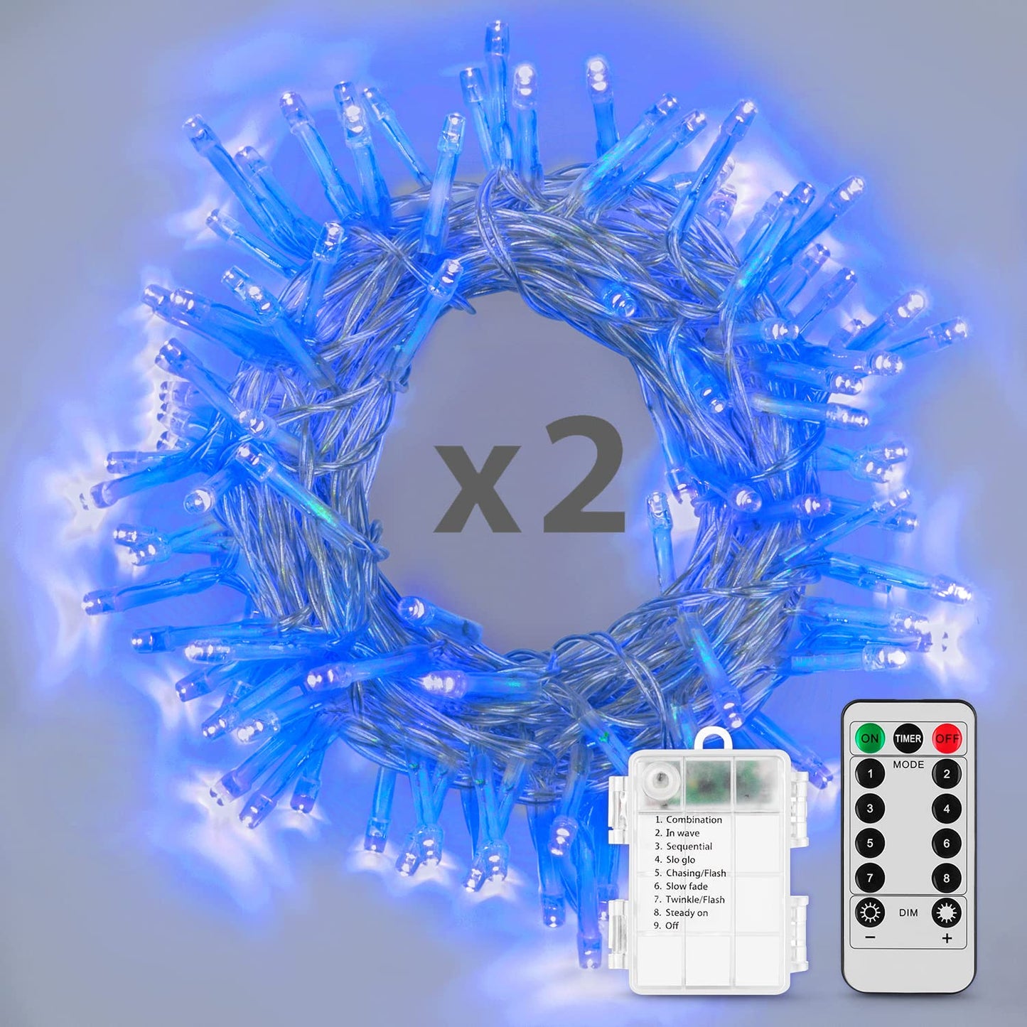 Koxly 2 Pack Battery Operated String Lights, Remote Timer, Waterproof, 8 Modes, 16.4Ft, Blue For Indoor Outdoor Decorations