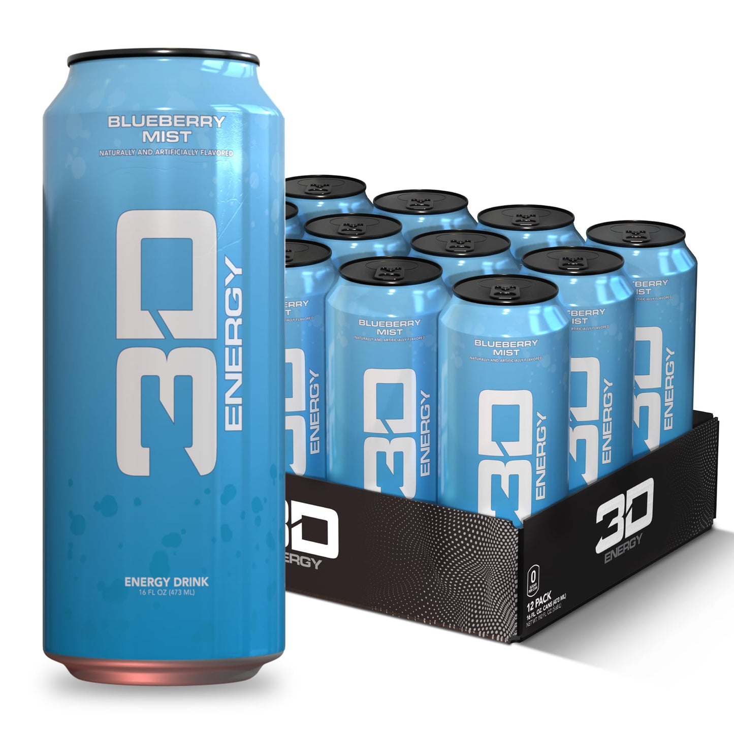 3D Energy Drink - Sugar Free  200mg Caffeine  Pre Workout  Taurine  L-Carnitine  Lightly Carbonated  16oz Cans  12 Pack - Blueberry Mist