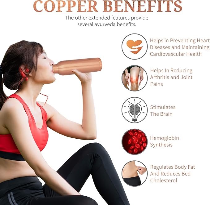RAJRANG BRINGING RAJASTHAN TO YOU Copper Bottle With Leak Proof Rubber Cap 950 ml Modern Seam Less Water Bottles for Yoga Gym Sports Men Women