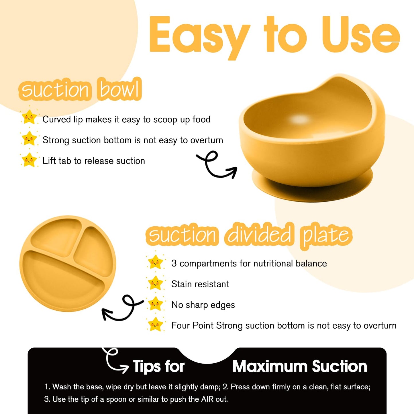 Baby Led Weaning Supplies, 17 Piece BPA-Free Silicone Feeding Set, Eating Essentials Baby Utensils with Suction Plate and Bowl, Pocket Bib, Sippy Cup with Lid, for 6+ Months, Yellow