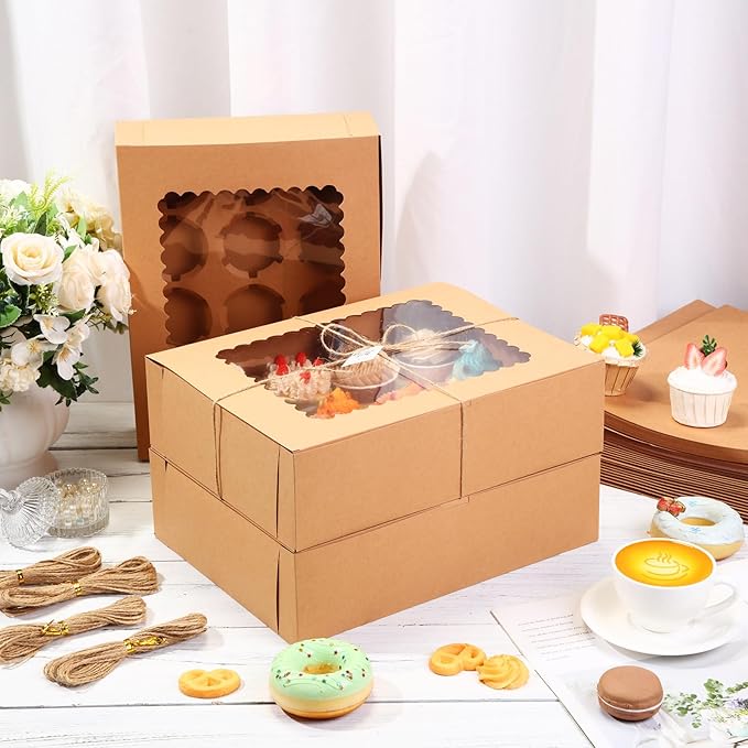 36 Pack Cupcake Boxes Hold 12 Count Christmas Disposable Cupcake Containers with Window and Insert Cake Carrier with Thanks Card and Jute Rope to Muffins Cupcakes Cookies Gift Wrapping(Nature)