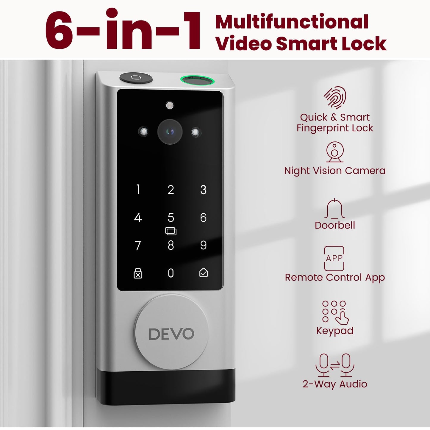 DEVO G1 Video Smart Lock with Camera & Doorbell, 6-in-1 Keyless Entry Door Lock with Fingerprint, App Remote, Auto Locks, Built-in Wi-Fi Smart Deadbolt for Front Door(Silver)