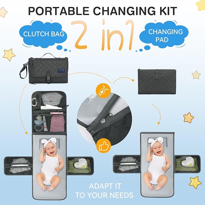2-in-1 Diaper Changing Pad with Detachable Storage, Quilted Design, Waterproof, Travel-Friendly