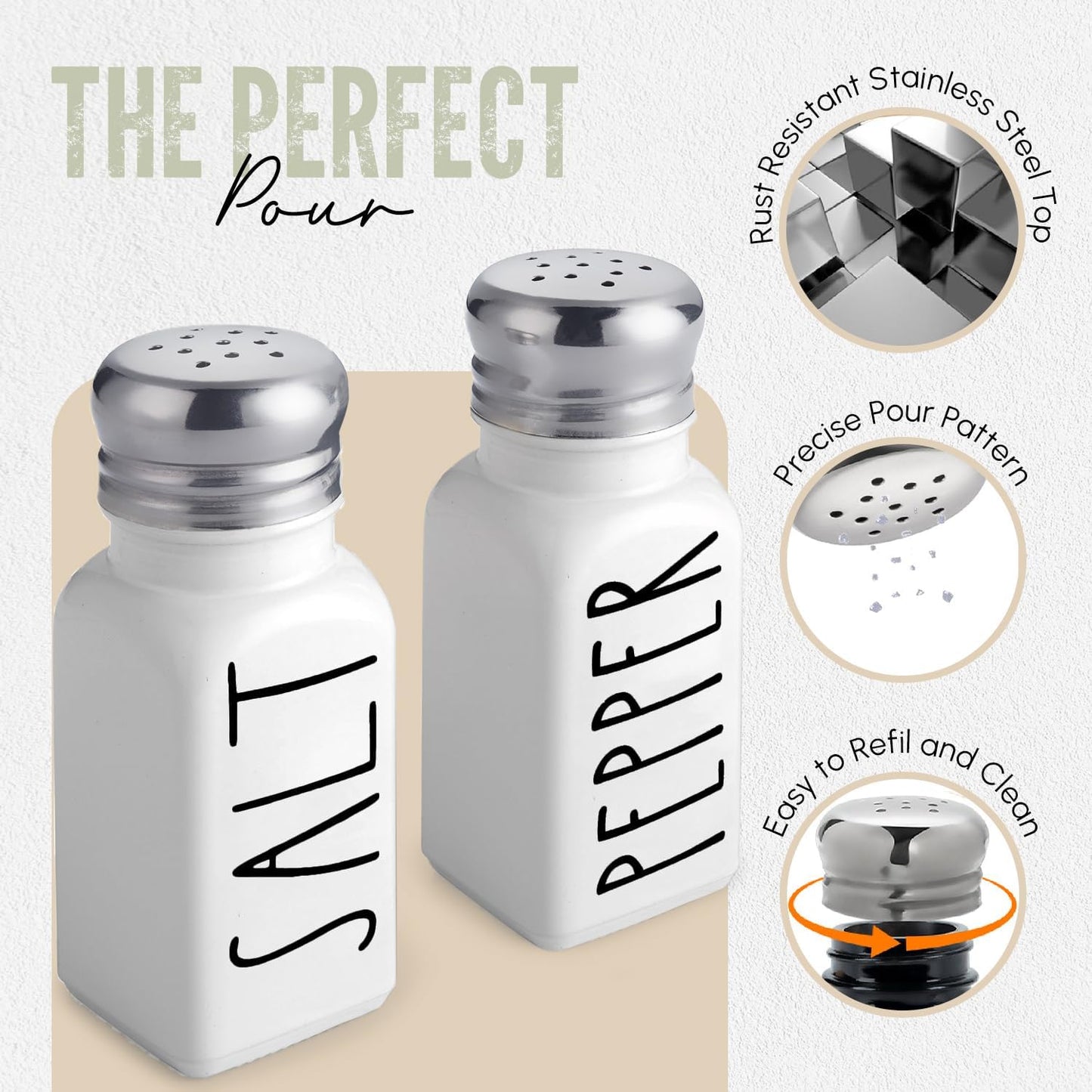 White Salt and Pepper Shakers Set by Brighter Barns - Neutral Minimalist Kitchen Decor - Modern Farmhouse Kitchen Decor - Cute Glass Shakers for Home Restaurants Weddings & Stainless Steel Lid (White)