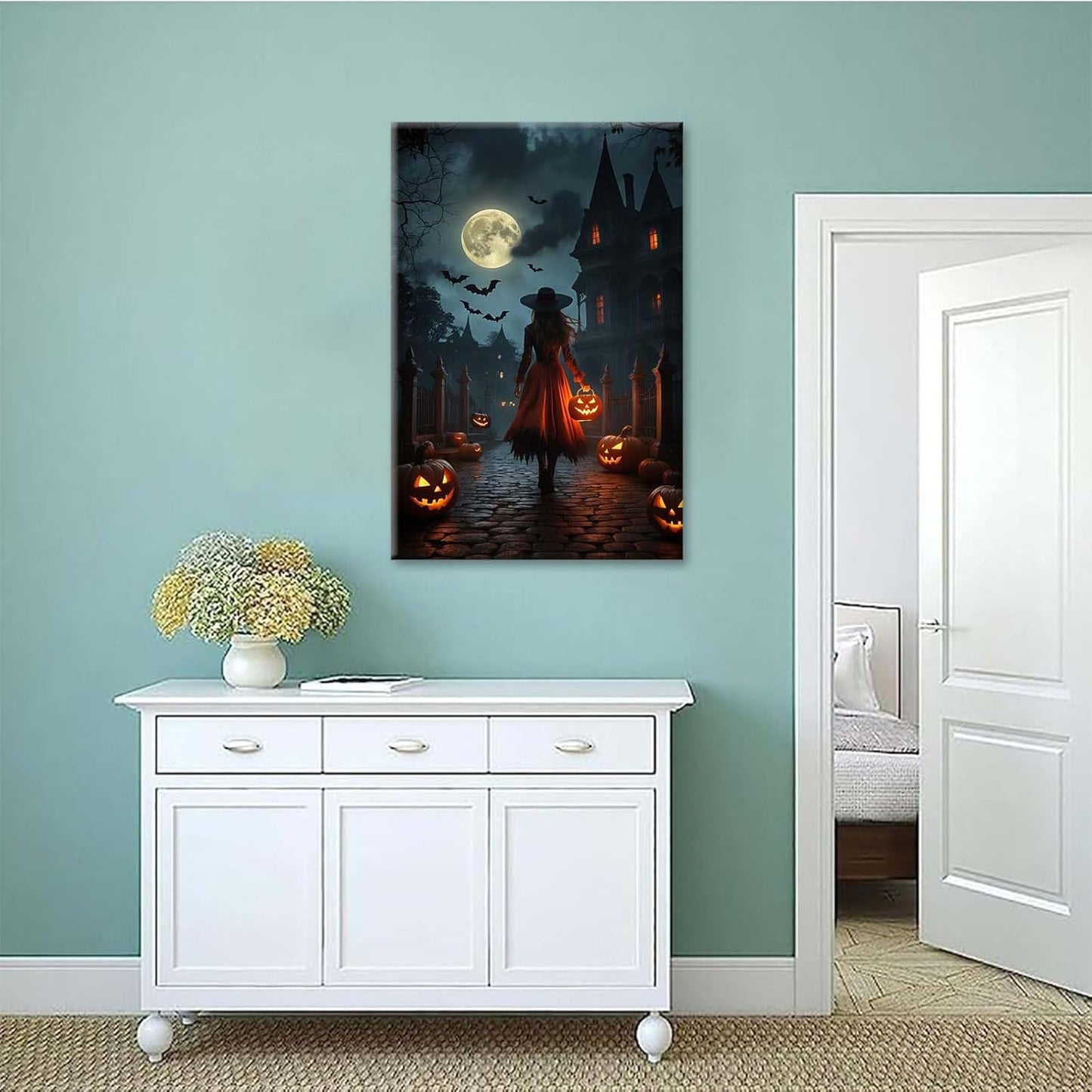 Halloween theme poster moonlit autumn night witch vintage poster art print dark college style gothic painting canvas wall decoration bedroom living room ideal gift8x12in Wood Framed