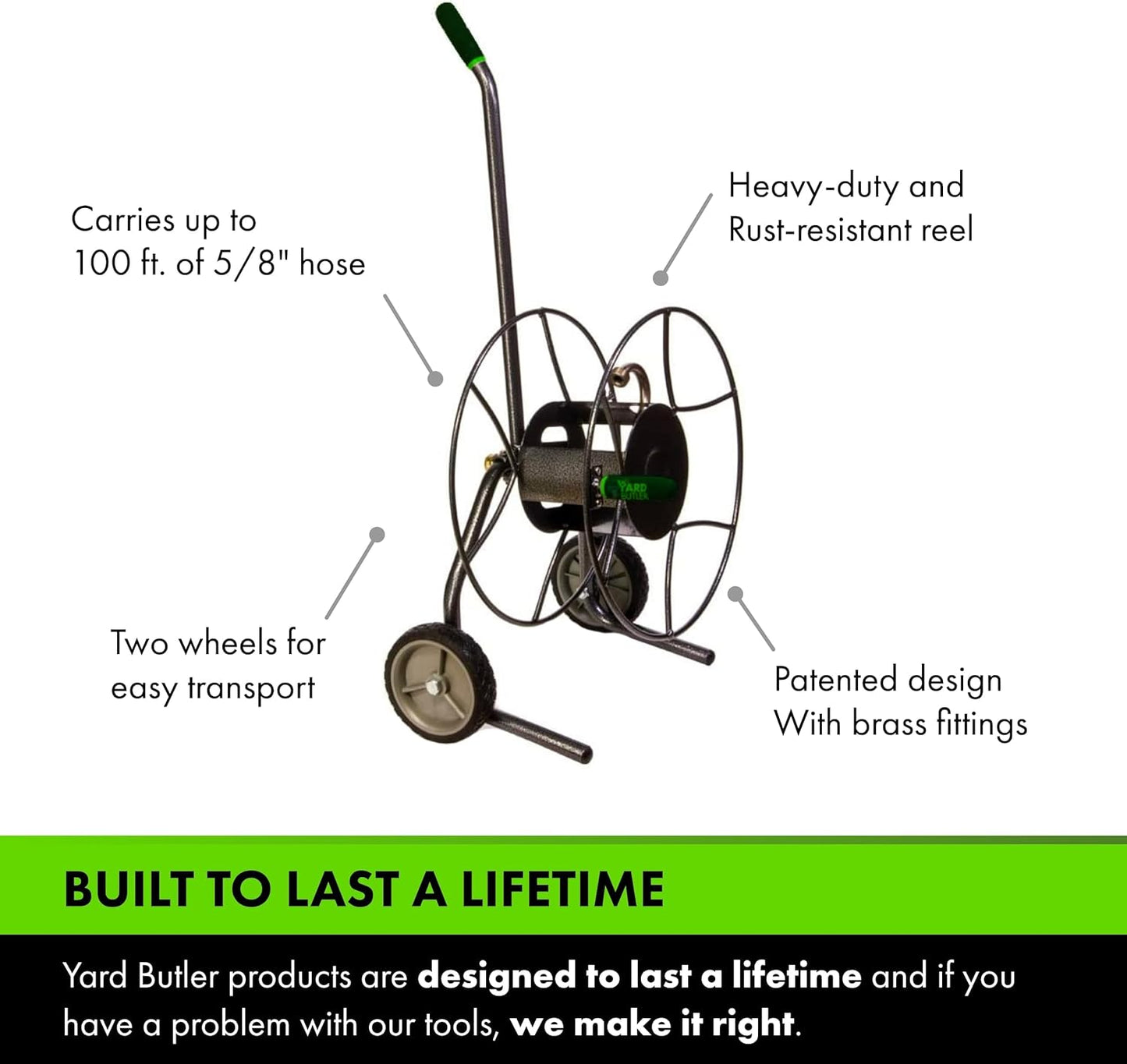 Yard Butler Compact Hose Reel Cart with Wheels Heavy Duty 100 Foot Metal Hose Reel Suitable for Gardens, Lawns and Outdoor - IHTC-1