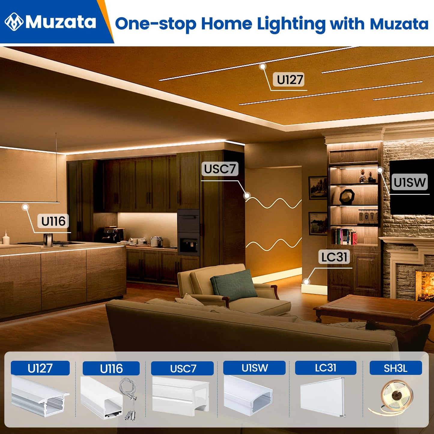 Muzata 6Pack 3.3FT/1M LED Channel Aluminum U Shape Silver LED Strip Diffuser Channel with Milky White Cover Easy Installation U1SW WW 1M