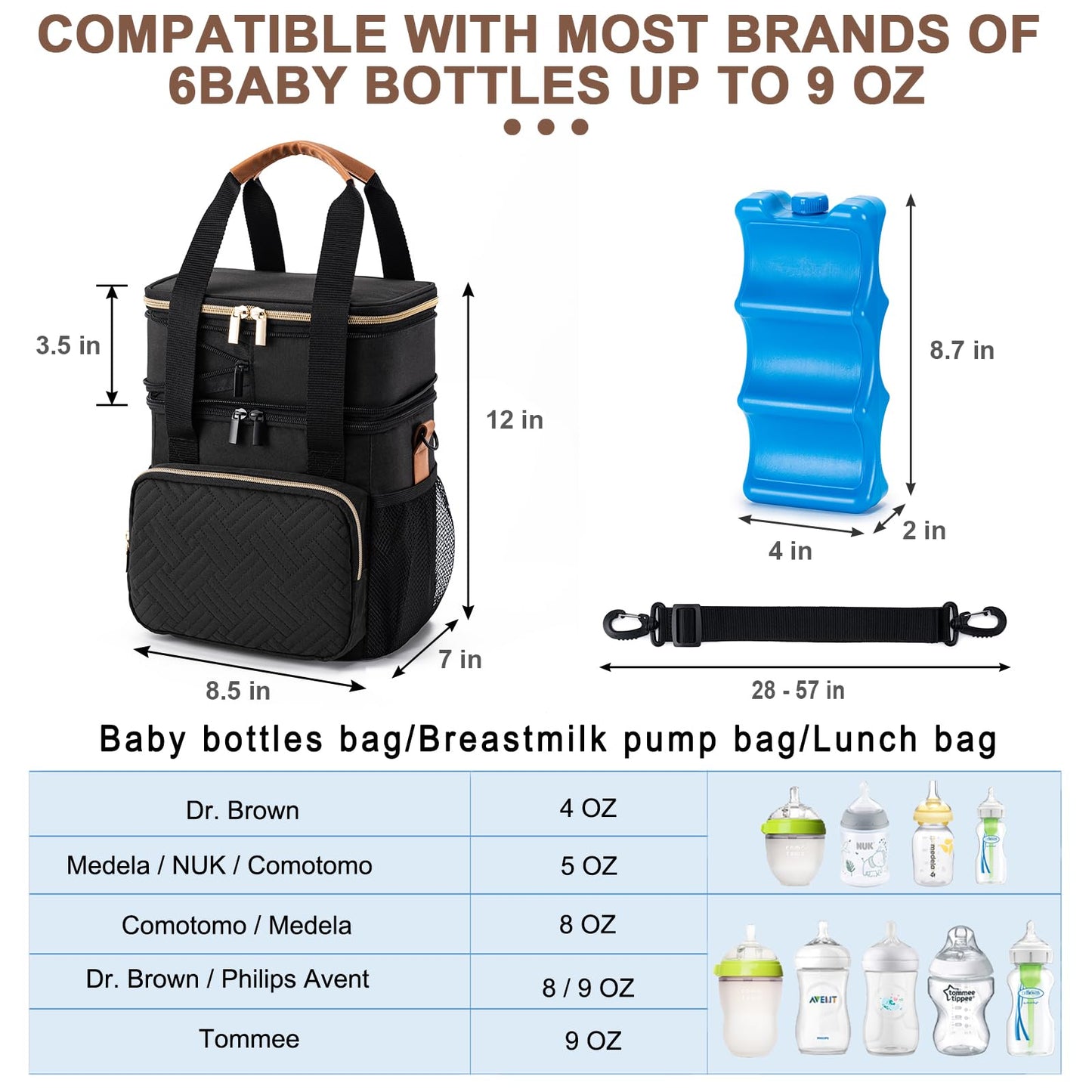 BABEYER Breastmilk Cooler Bag with Ice Pack Fits 6 Baby Bottles Up to 9 Ounce, Expandable Double-Layer Leak-Proof Cooler Bag with Shoulder Strap for Nursing & Working Mom, Black
