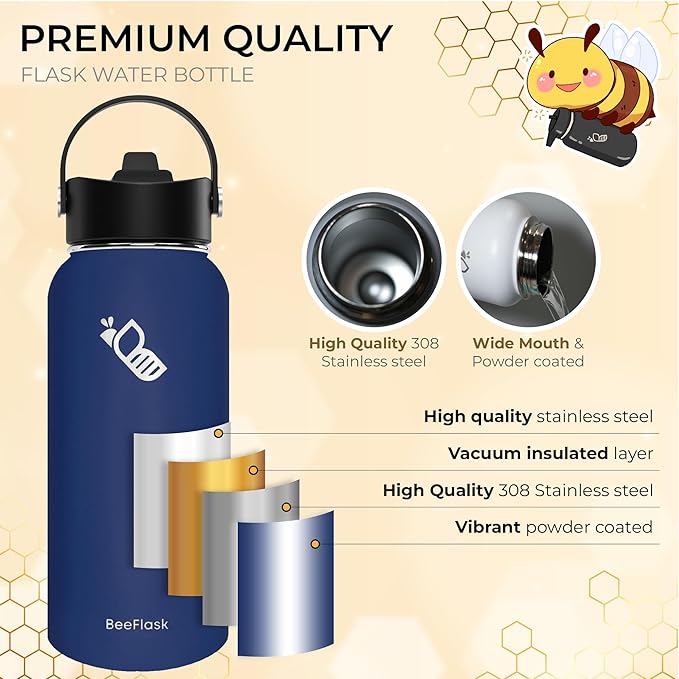 Sports Water Bottle - 32 Oz, 3 Lids (With straw), 50 Cute Stickers, Vacuum Insulated, 308 Stainless Steel, with a Portion of Sales Supporting Bee Conservation Efforts (Navy Blue)