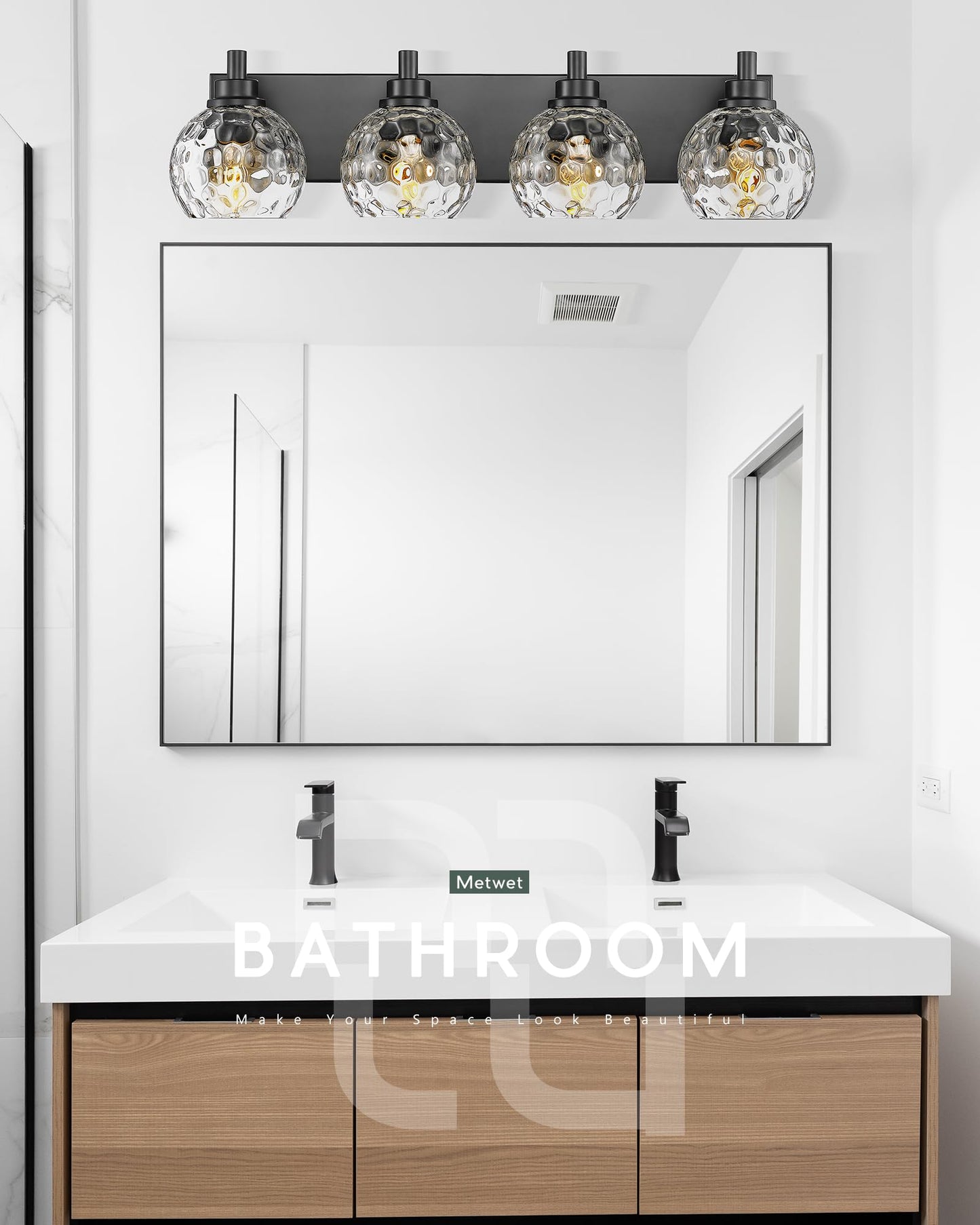 Metwet Bathroom Light Fixtures Over Mirror  26  Matte Black Vanity Light With Clear Hammered Glass Globe Shade  4-Light Modern Sconces Wall Lighting For Bedroom Hallway  Vl200-Mb-Cl-4