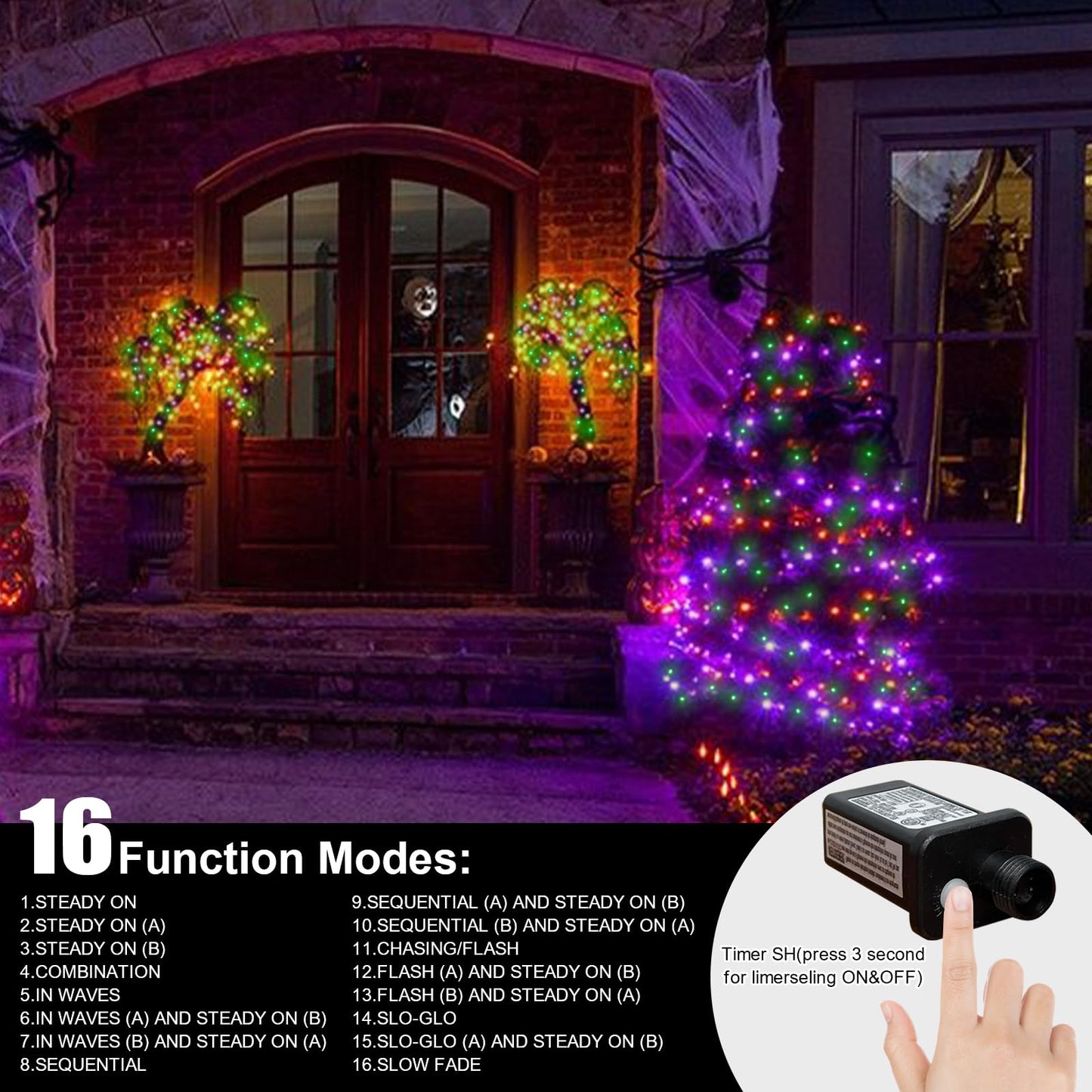 Lamphome 66Ft Halloween Decorative Mini Lights  200 Led Transparent Wire Fairy Starry String Lights Plug In  16 Lighting Modes For Halloween Outdoor Party Decoration (Orange/Purple/Green)
