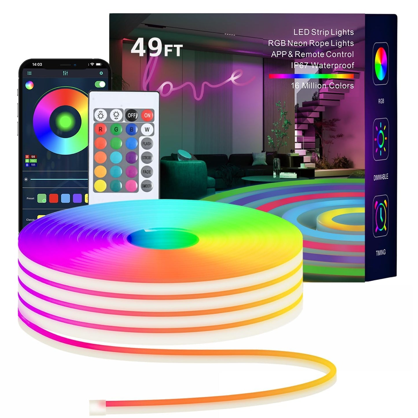 TFZBA LED Strip Lights, RGB Neon Rope Lights, 49FT, IP67 Waterproof, Remote Control, Music Sync, Color Changing, White