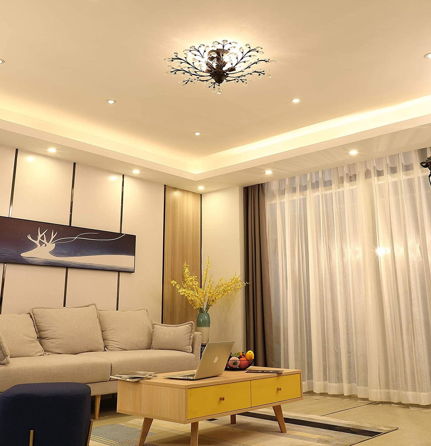Ganeed Crystal Chandelier, Vintage K9 LED Ceiling Light, 4-Light Flush Mount, Black, Model GLM-XDD-4B