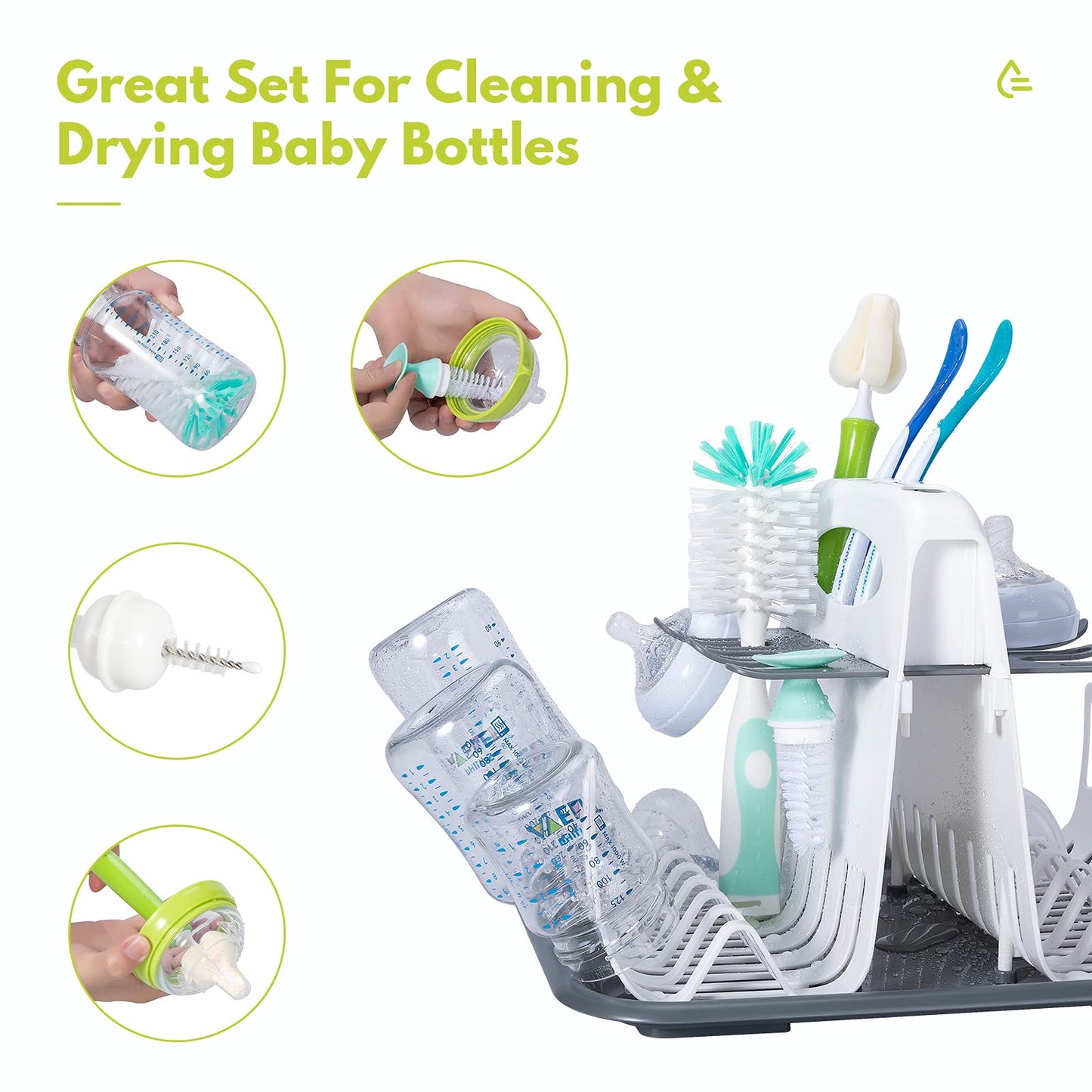 CAREBABYMORE High Capacity Drying Rack with 5pcs Brushes, Deluxe Countertop Drying Rack, Universal Drying Station, Baby Bottle Drying Rack with Bottle Brushes, White