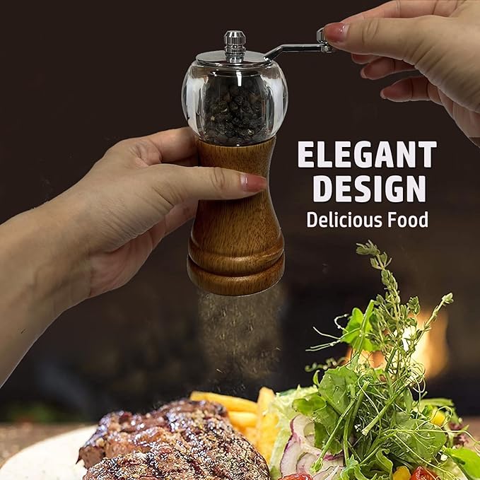 Salt and Pepper Grinder Set Manual Pepper Mill Set Classical Hand Shake Wooden Pepper Grinder Salt Mills Ceramic Blades Metal Handle, Enjoy Fresh Ground spices (Antique 1pcs-6in)