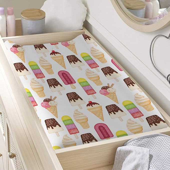 Funny Ice Cream and Popsicles Baby Changing Pad Covers for Baby Boy Girl 32''x16'' Colorful Boho Summer Beach Unisex Fitted Change Table Pad Sheets Soft Breathable Cradle & Bassinet Bed Sheets
