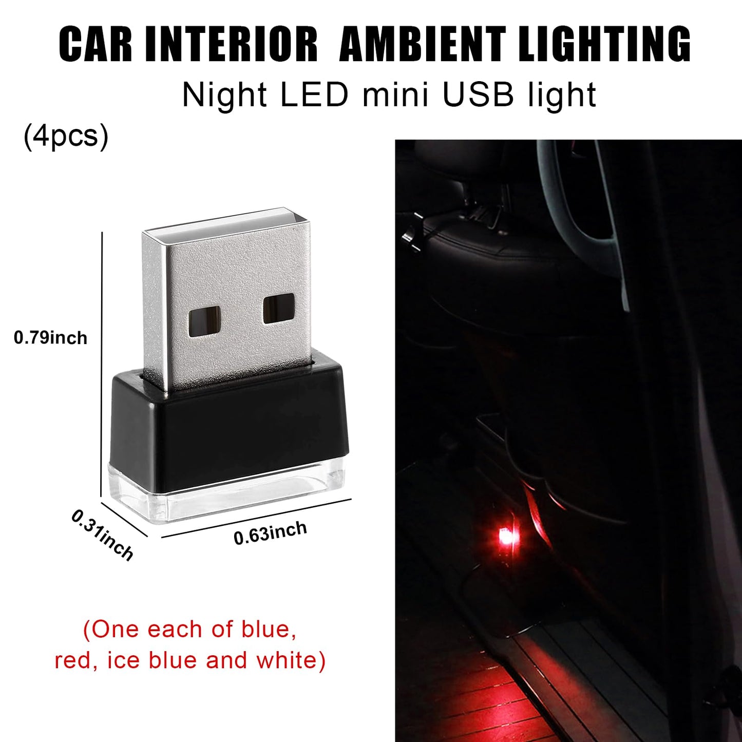 Sylvil 4 Pcs Usb Led Car Interior Atmosphere Lamp  Portable Mini Led Night Light  Plug-In Usb Interface Trunk Ambient Lighting Kit  Universal Interior Car Accessories (Blue+Red+Ice Blue+White)