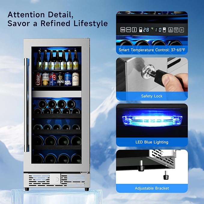 15 Inch Wine Fridge,37-65°F Digital Touchscreen Dual Zone Wine Refrigerator for Built-In or Freestanding, Wine Cooler with Removable Shelves