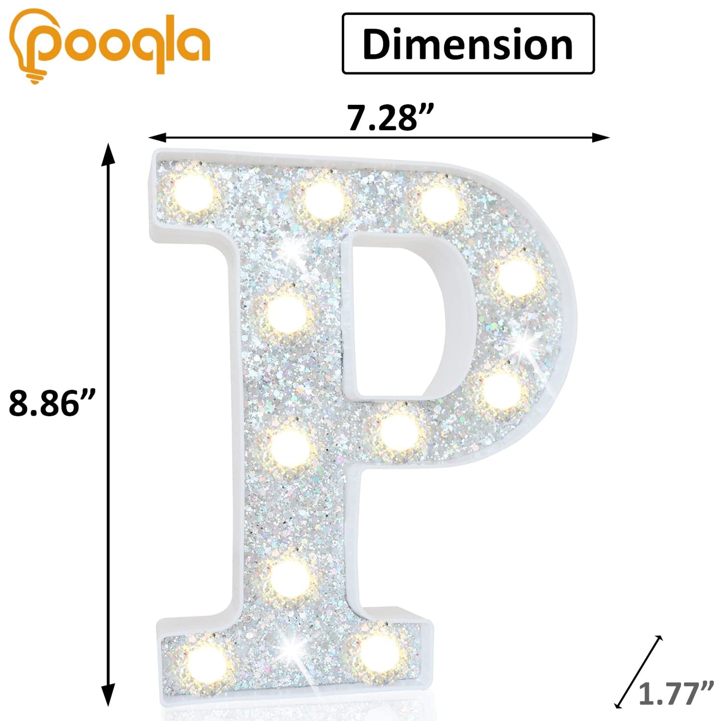 Pooqla LED Marquee Letter Lights, Silver Glitter Alphabet Sign, Battery Powered for Parties, Home Decoration, Letter P