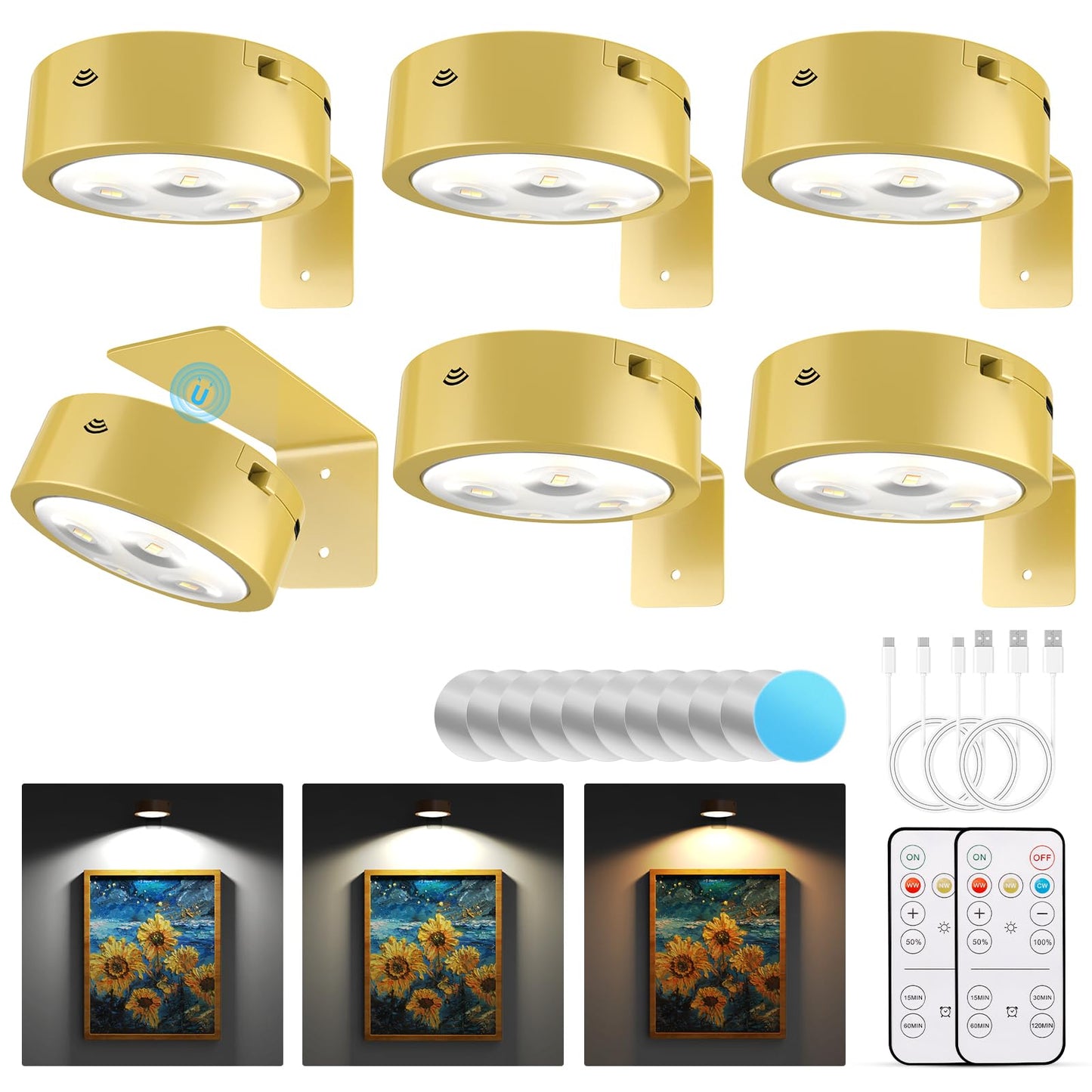 Narotood Picture Lights, 6 Pack, Rechargeable Battery Operated, Wireless Magnetic, Remote Control, Golden, Model 6BHD00012