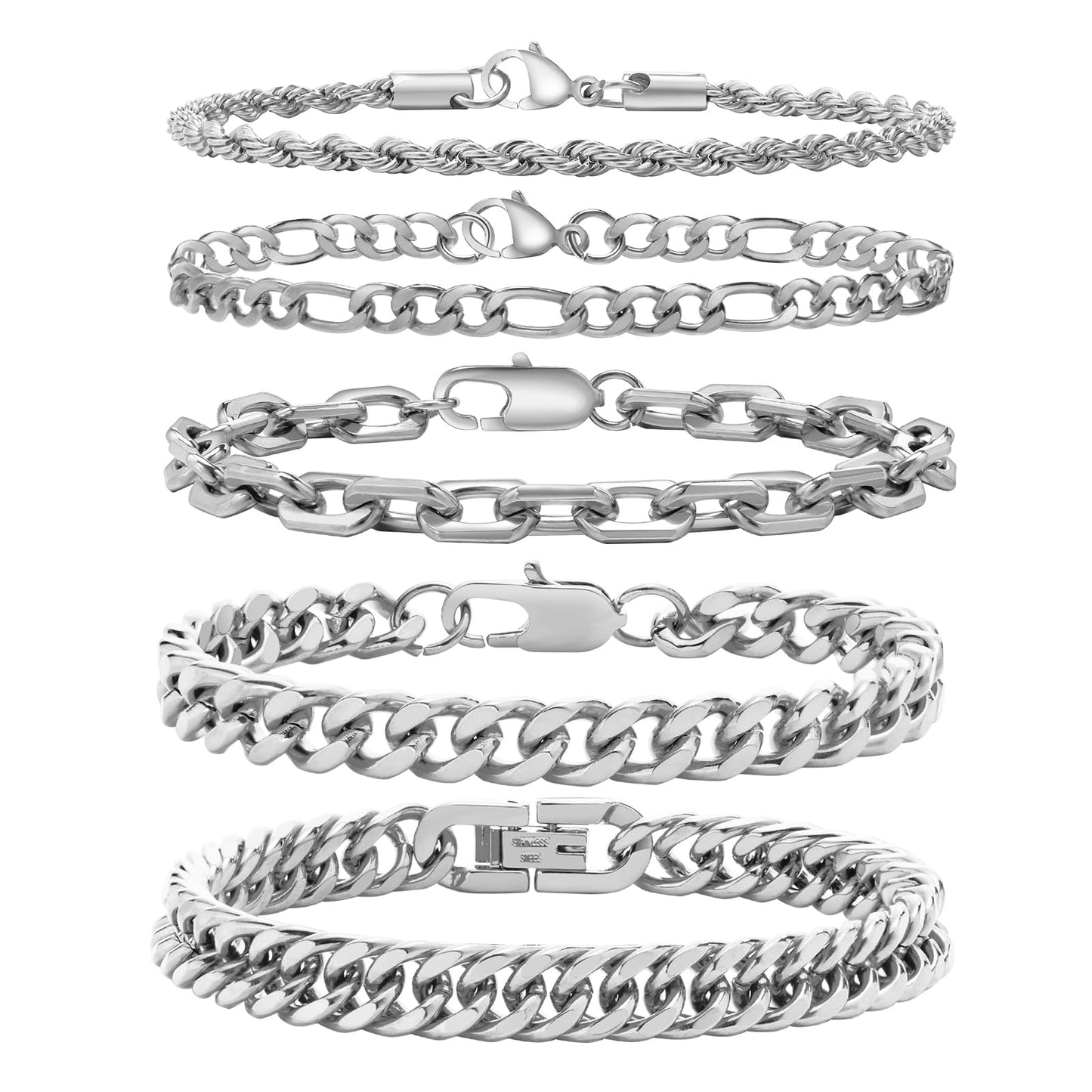 VNOX Silver Chain Bracelets for Men - 5 Pcs Solid Stainless Steel Rope/Figaro/Paperclip/Cuban Link Curb Chunky Chain Bracelet Se