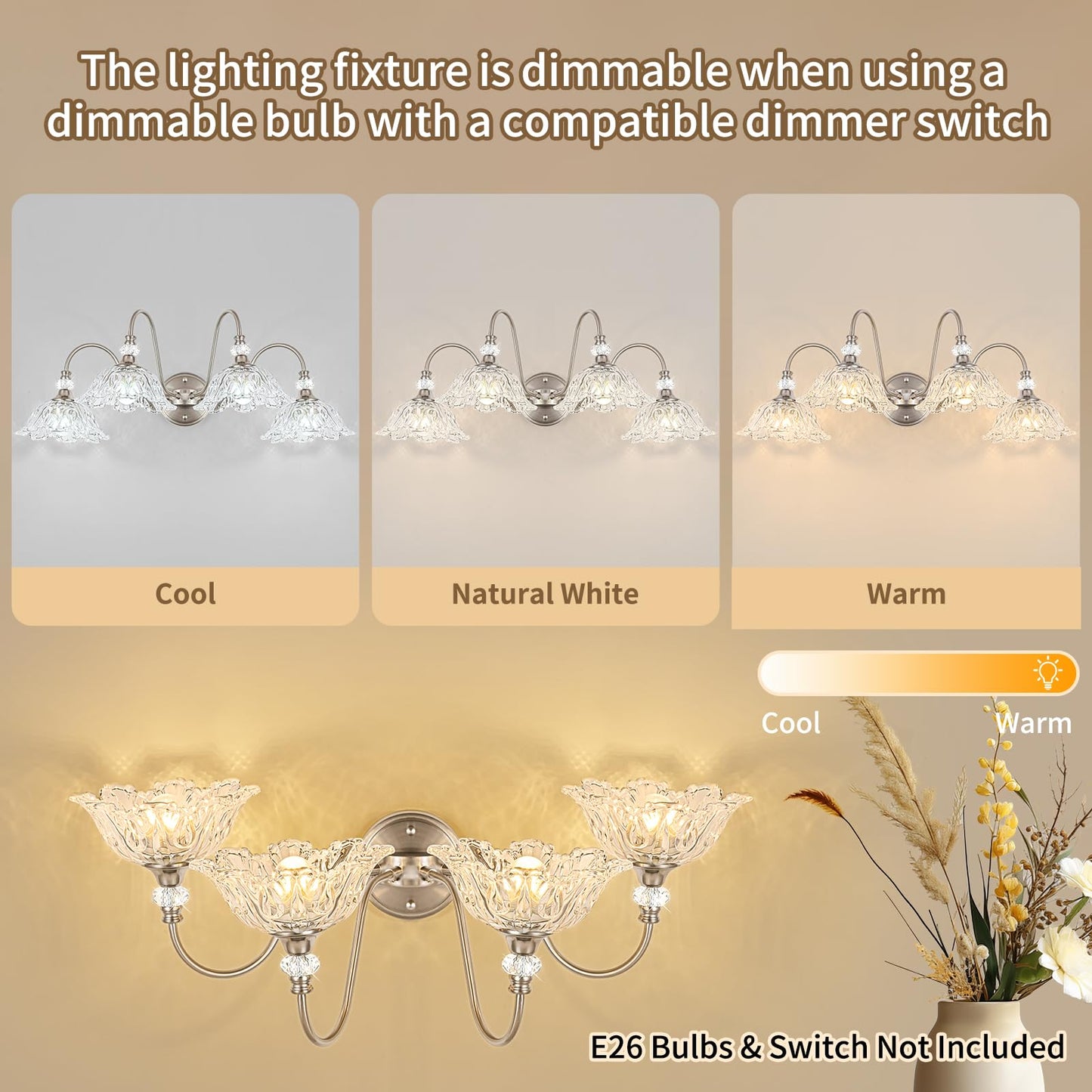 Brushed Nickel Bathroom Vanity Light  4-Light Vanity Light With Floral Clear Glass Shades  Brushed Nickel Wall Mount Lighting For Bathroom  Dressing Table