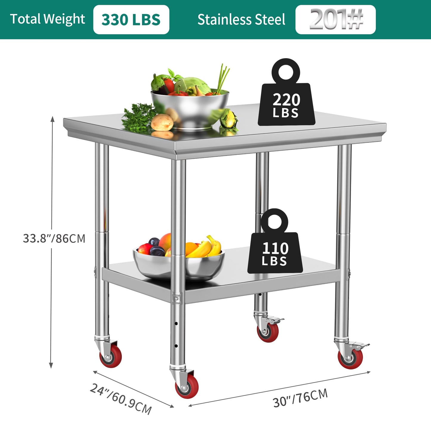 YITAHOME NSF Stainless Steel Table, 30" X 24" Work Table with Wheels, 2 Shelves Metal Prep Worktable for Home Kitchen Restaurant Garage Warehouse Outdoor