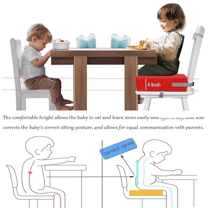 Toddler Booster Seat for Dining Table, 2 Elastic Seat Belts, Anti Scratch PU Skin-Friendly, Waterproof, Anti-Wrinkle, Detachable Non-Slip Bottom - Red