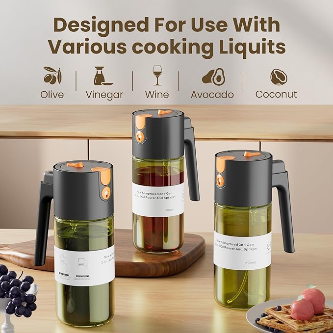 Upgrade 2 in 1 Oil Sprayer for Cooking, Olive Oil Dispenser Bottle for Kitchen Gadgets with Stickers, 17oz/500ml Food Grade Light-Blocking Glass Spray Bottle for Salad, Air Fryer, BBQ