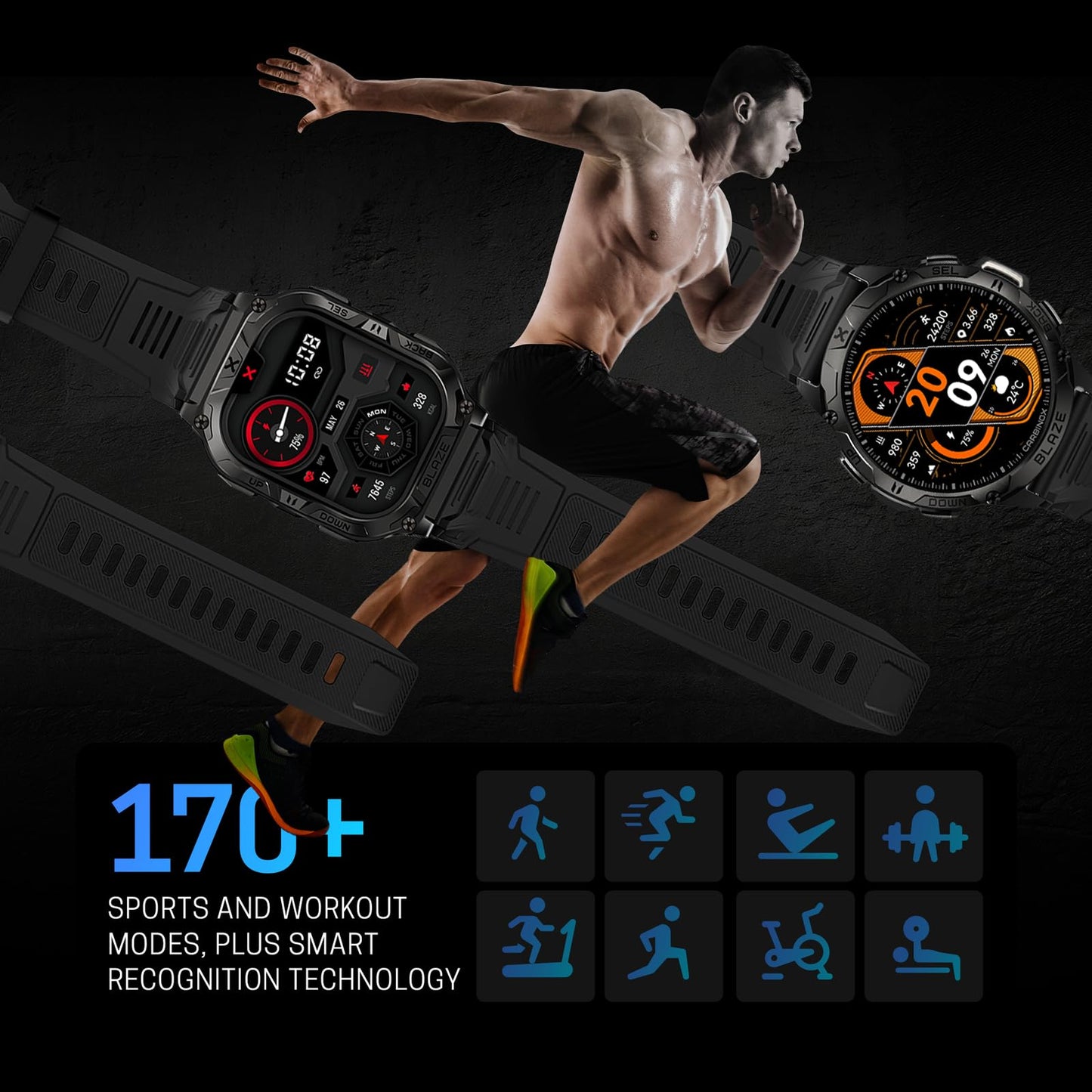 CARBINOX Blaze Smart Watch with 6 Pack Bands 22 mm GPS, Rugged Fitness Tracker Waterproof IP69K, Compatible with Android and iOS, 170+ Sports Modes, Make/Receive Calls (Square)