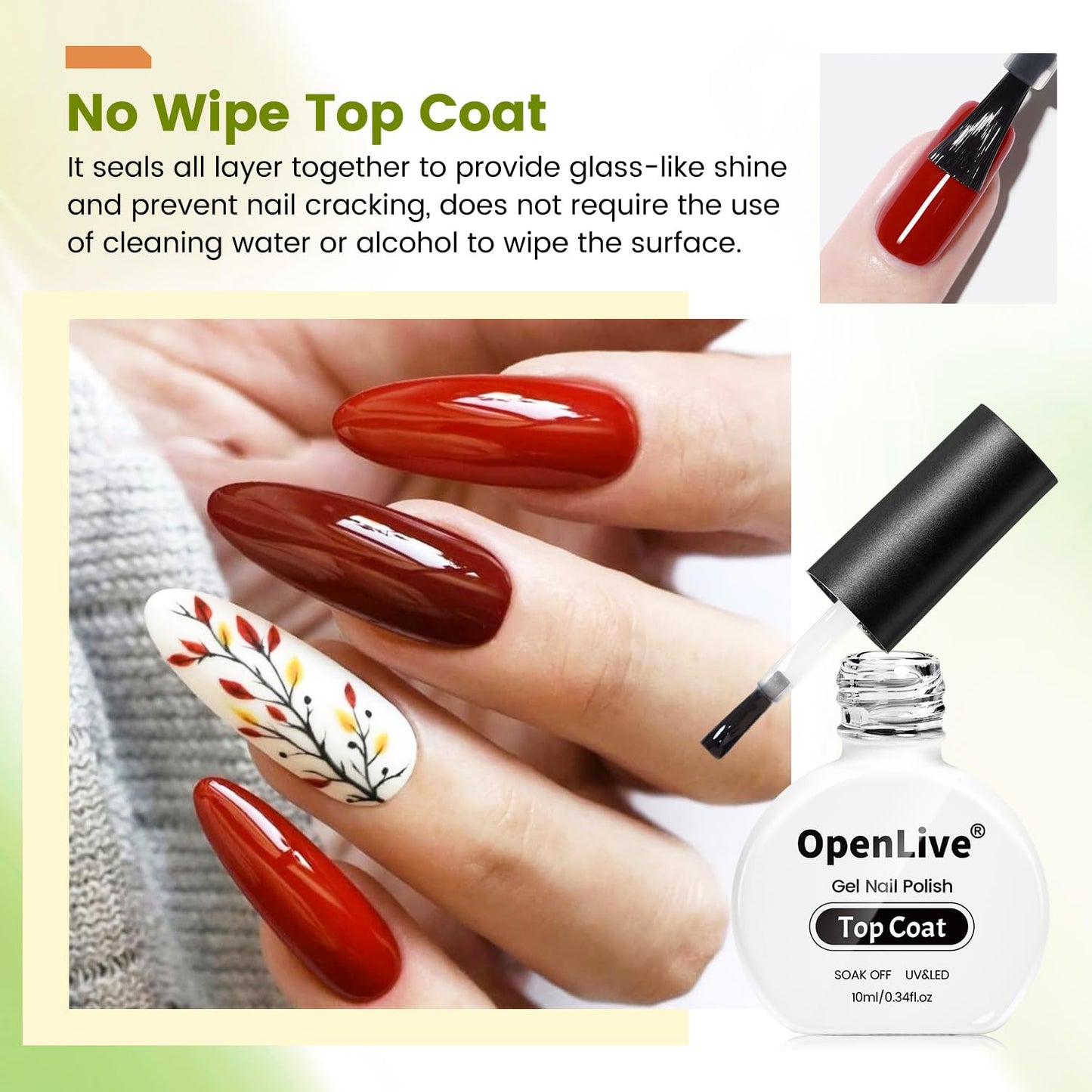 OpenLive 2 Bottle 10ml Gel Base Coat and Top Coat Set - No Wipe Quick Drying Long Lasting Glossy Gel Polish for Home DIY and Sal
