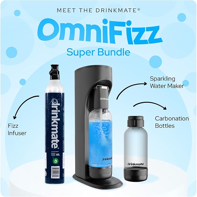DrinkMate Sparkling Water and Soda Maker, Carbonates ANY Drink, Includes One 1L and One 0.5L Re-usable BPA-free Carbonating Bottles, 60L CO2 Cylinder and Patented Fizz Infuser, Matte Black