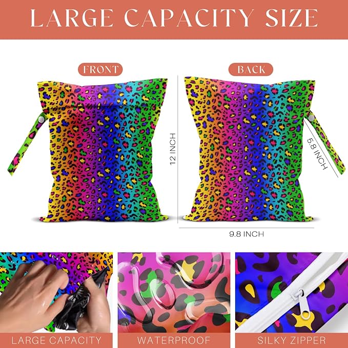 4 Pack Colorful Rainbow Neon Leopard Wet Bag Waterproof Washable Reusable Wet Dry Bag for Swimsuit Clothes Cloth Diaper Travel Beach Yoga Toiletries Gift for Women Sister Bestie Birthday Christmas