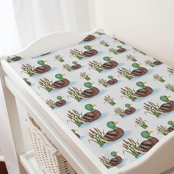 Cartoon Mallard Duck Lake Leaves Changing Pad Covers Duck Hunting Reeds Diaper Changing Pad Covers Sheets for Girl Boy Wild Duck Soft Breathable Stretch Fitted Change Table Pad Mats Covers 32''x16''