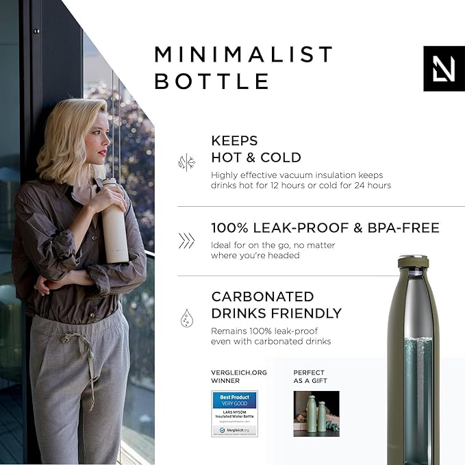LARS NYSØM Stainless Steel Insulated Water Bottle 12oz 17oz 25oz 34oz 51oz | BPA-free Insulated Thermo Flask for Hot and Cold Beverages | Leakproof Drinking Bottle (Capulet Olive, 34oz)