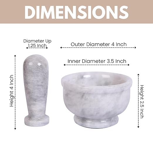 Exquisite Marble Mortar and Pestle Set - Your Ultimate Kitchen Essential for Grinding Spices, Making Guacamole, Salsa, Pesto, and Crushing Pills (White, Bowl Shape (4"))