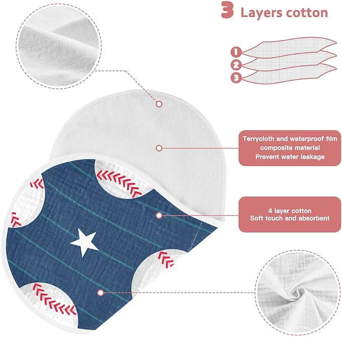 Muslin Baby Burp Cloths Set of 1, Soft Absorbent Baseball Stripe Muslin Washcloths, Bibs, Face Towel for Newborn Boys Girls, 22 x 11 Inch