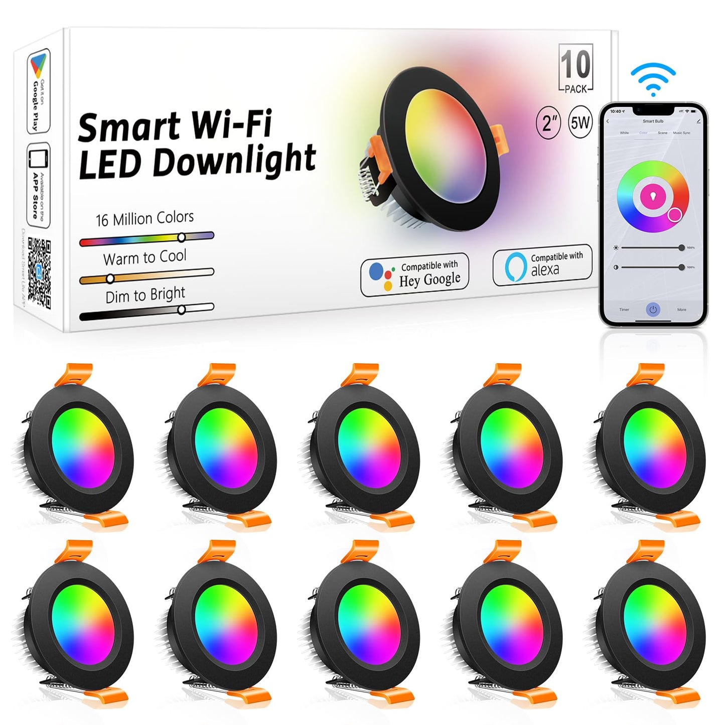 Inshareplus 2 Inch Smart Recessed Lighting 10 Pack  5W Wifi Rgb Led Downlight 2700-6500K Dimmable  Color Changing  Black Trim  Alexa Google Compatible  With Led Driver  120V Ceiling Lights