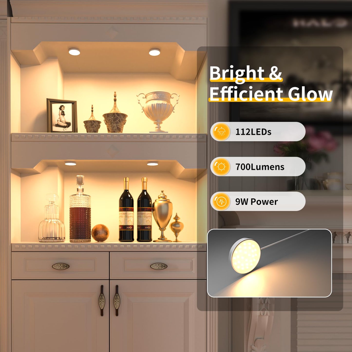Wobane Dimmable Led Puck Lights  Under Cabinet Lighting With Switch  Plug In Under Counter Lighting For Shelf  Closet  Cupboard  Bookcase  Display  Super Bright  2700K Warm White  4 Pack