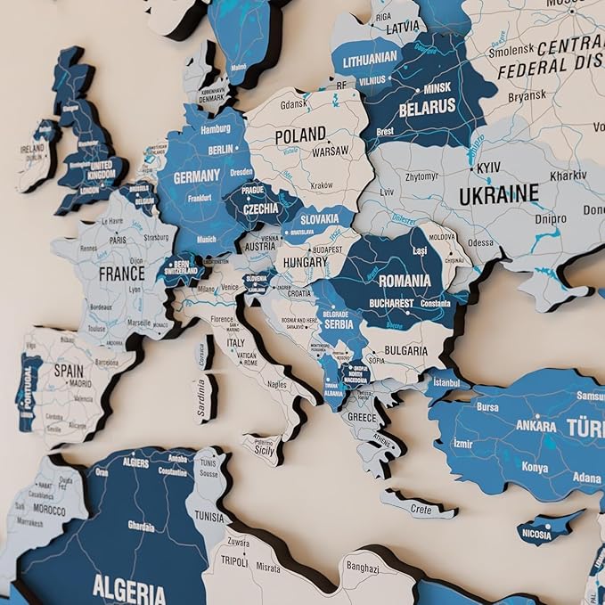 Colorfull Worlds 3D Wooden World Map Wall Art - Premium Multicolored World Travel Art for Wall Decor with Push Pins- Ideal Housewarming Gift & Travel Tracker (Large, Navy)