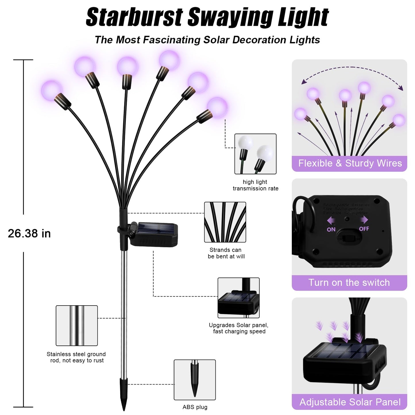NBQQ Solar Garden Lights, Waterproof 36 LED Outdoor Lights, 6 Pack, Purple, Plastic, Ideal for Yard and Patio Decor