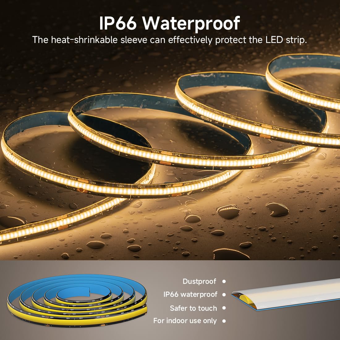 Btf-Lighting Fcob Ip66 Cob Led Strip Dc12V Daylight White 6000K 8W/M 16.4Ft Flexible High Density Uniform Light Cri 90+ 8Mm Width Black Pcb For Home Indoor Decor(No Adapter Or Controller)