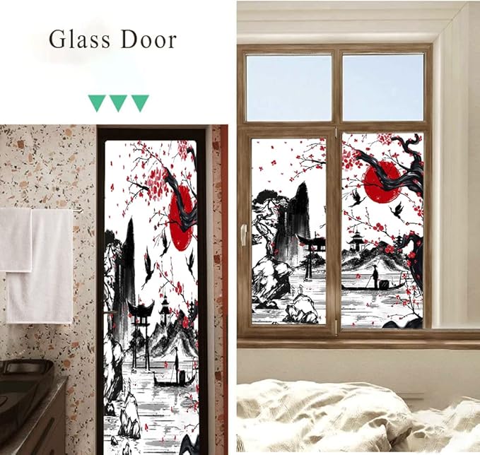 Vintage Japanese Style Decorative Window Film Abstract Ink Japanese Landscape Torii Gatekids Blackout Window Film,Cafe Lighted Window Film 17.7Wx23.6L-Inch X2Pcs