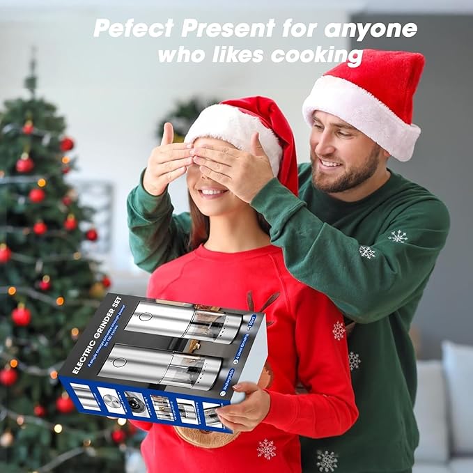 HomeHacks Upgraded Larger Capacity Electric Salt and Pepper Grinder Set, Rechargeable Type-C with LED Light, Stainless Steel Automatic & 6 Adjustable Coarseness, Ideal for Housewarming/Christmas Gifts