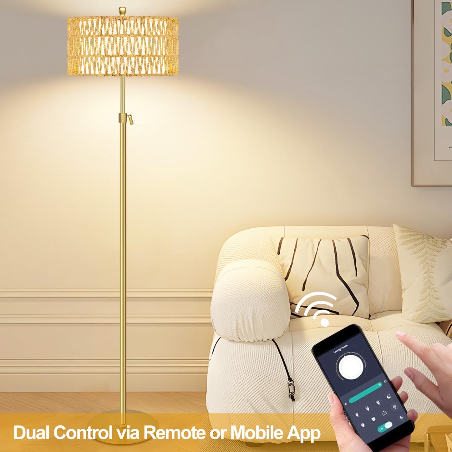 ZECOXOL Rattan Boho Floor Lamp with Remote Control, Dimmable, Brass, 12.5 Inch, Color: Buff, Model: 001