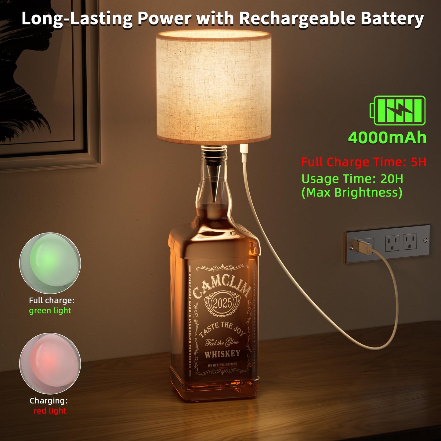 CAMCLIM Wireless Wine Bottle Lamp Shade - Dimmable LED, Rechargeable, Portable, Cylindrical, Model DX0041
