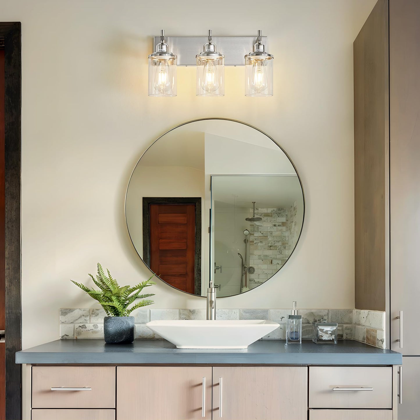 Lanhall 3-Light Brushed Nickel Bathroom Light Fixture Over Mirror Modern Bathroom Vanity Light Vintage Wall Lighting with Clear Glass Shade for Bathroom, Bedroom, Hallway, Cabinet
