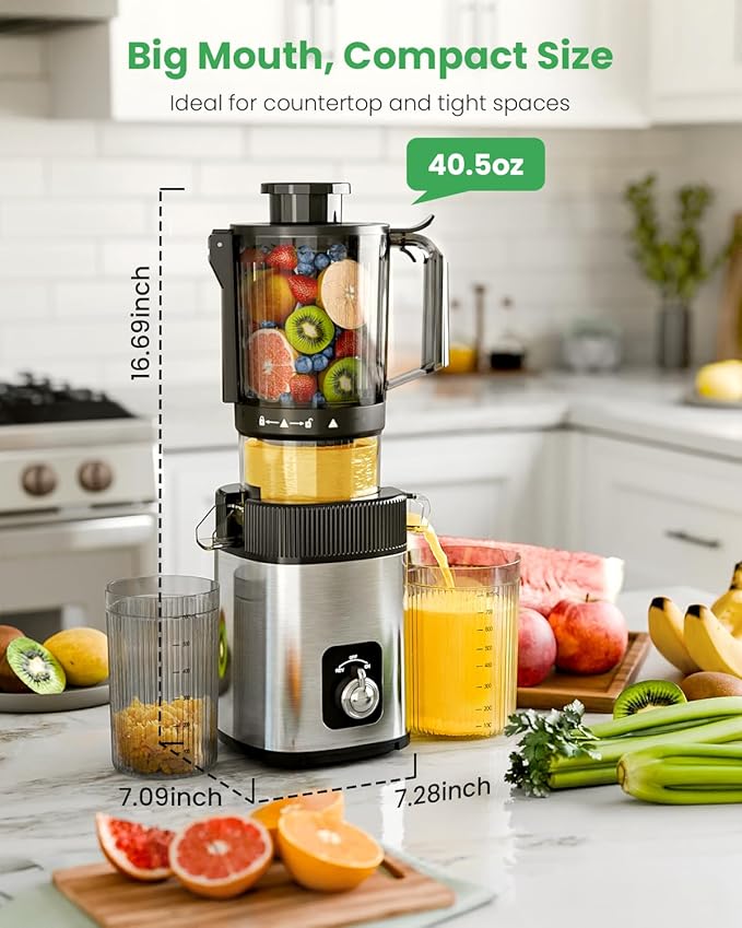 Kismile Cold Press Juicer, Juicer Machines Vegetable and Fruit, 4.35" Wide Feed Chute, Slow Masticating Juice Maker with Reverse Function, Electric Juicers Easy to Clean, Stainless Steel Juicer