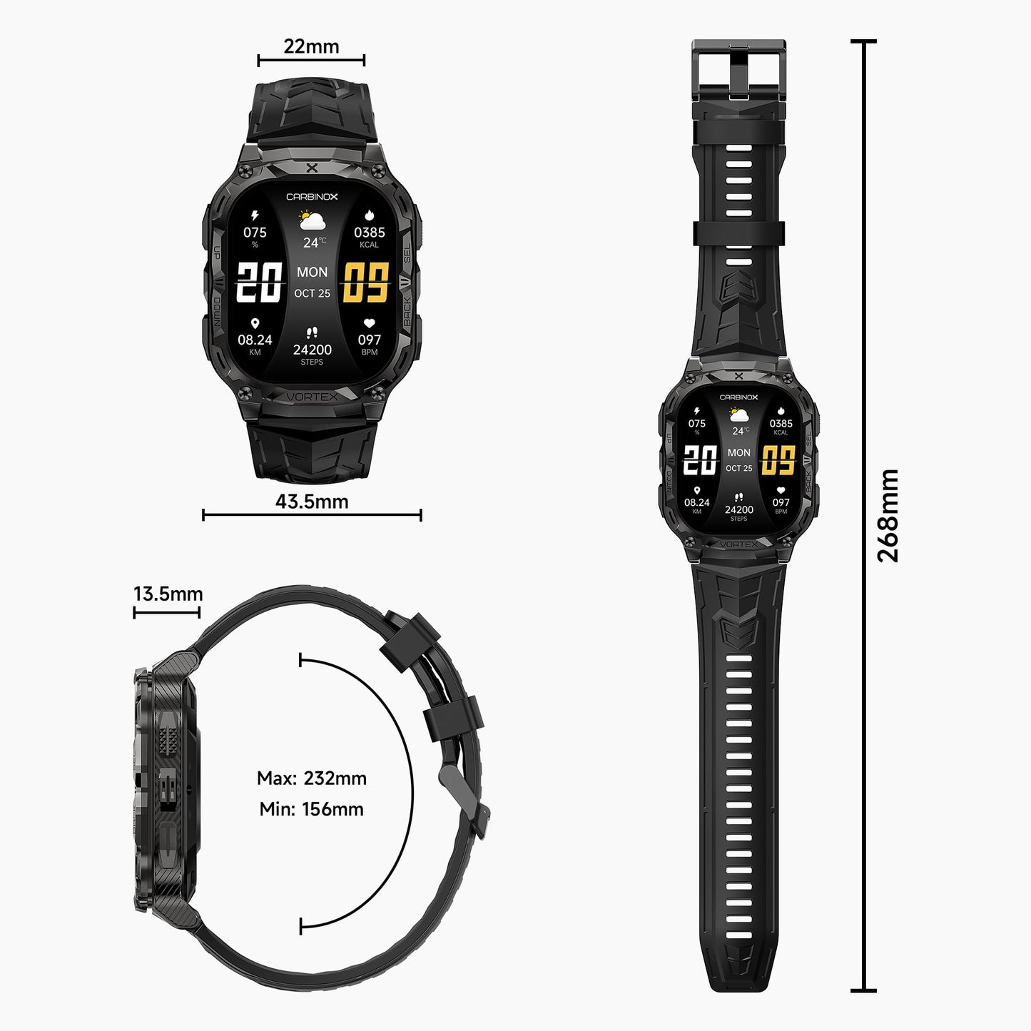 CARBINOX Vortex Smart Watch with Charger, Rugged Fitness Tracker IP69K Waterproof Compatible with Android and iOS Phone, 14 Days of Battery Military Durable