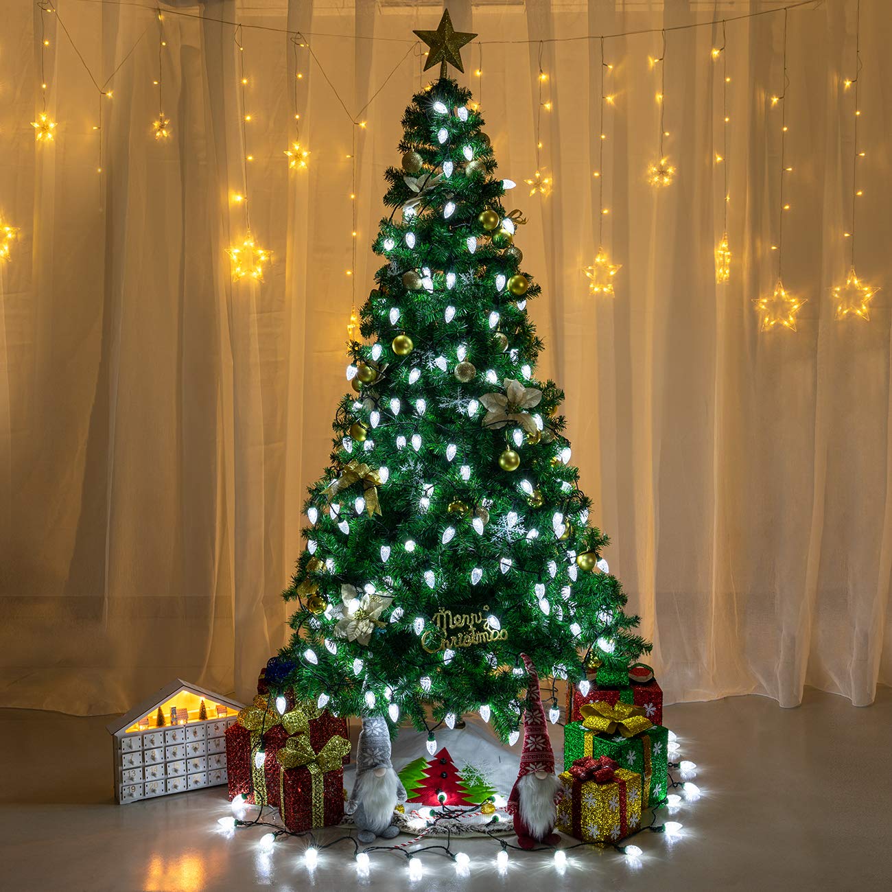AWQ C9 Christmas String Lights, 100LED, 81FT, Waterproof, 8 Modes, White